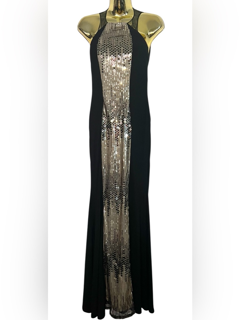 Cache Black Maxi Dress with Gold Sequin Center Panel